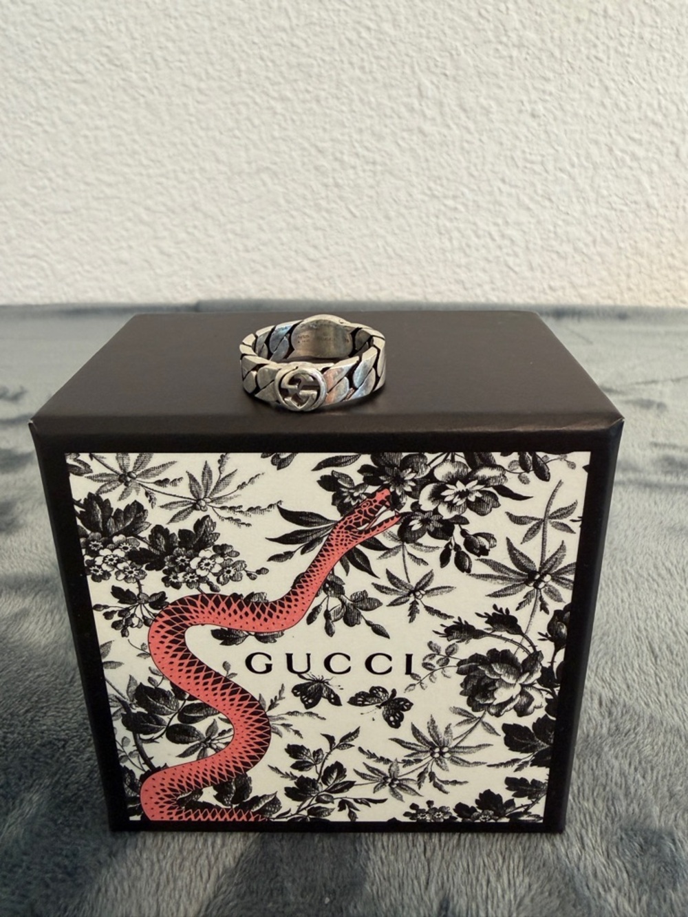 NWT Gucci Interlocking G Gourmette Chain Ring Silver Black Enamel Sz 23 US 10.25 - Picture 3 of 8